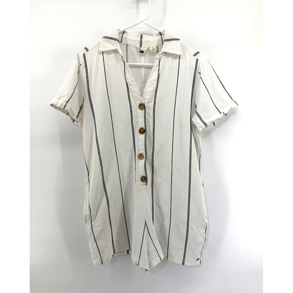 Roxy Shorts Romper White Blue Stripes 100% Cotton Summer Beach Resort Women M